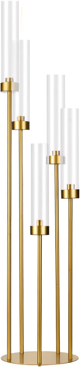 tall 5 arm candle holder for wedding table,39.4'' tall candelabra with acrylic lampshade for birthday party home decoration halloween christmas day fit led taper candles gold 1pcs