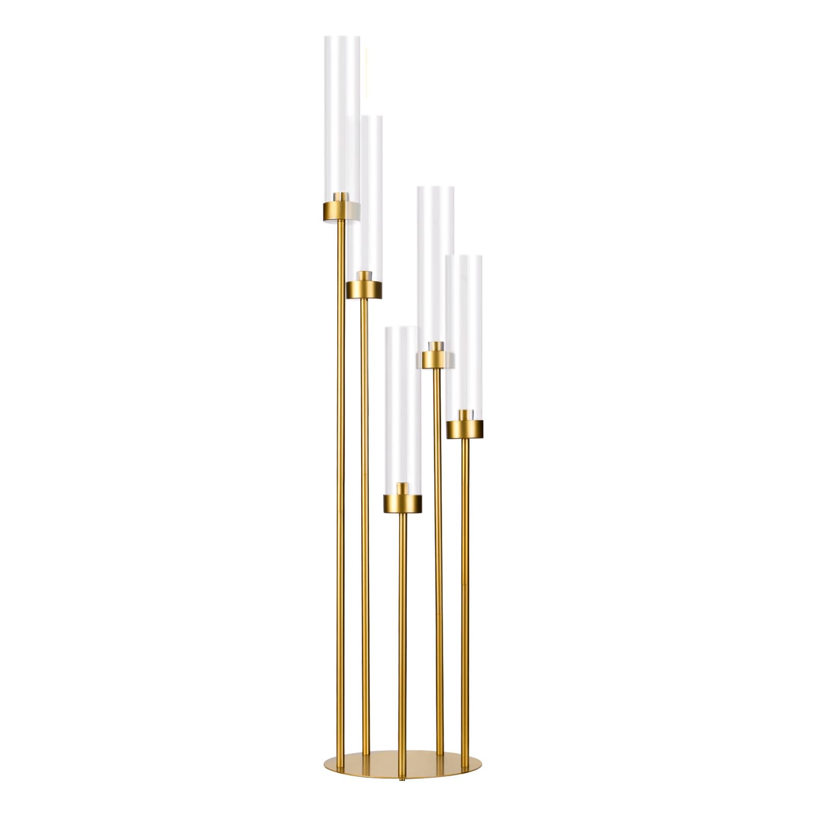 Chandelier doré de 100 cm, bougeoir à 5 Bras avec Abat-Jour en Acrylique pour Table de Mariage, fête d'anniversaire, décoration d'intérieur, Convient aux Bougies Coniques LED
