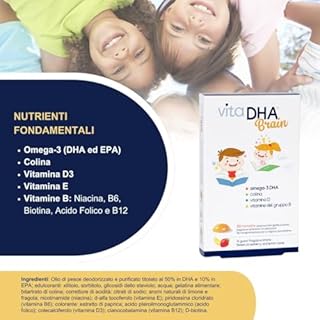 VitaDHA Brain Omega 3 Bambini 3+ Anni IFOS 5 Stelle (30 Jelly Morbide) - Senza Retrogusto di Olio di Pesce e Senza Zucchero - Gusto Fragola e Limone con Vitamina D3 e B