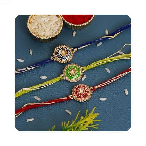 Image of eCraftIndia Red & Golden Set of 3 Trishul with Damru, Lord Ganesha, & Lord Krishna Playing Flute Religious Rakhis with Roli Chawal Pack