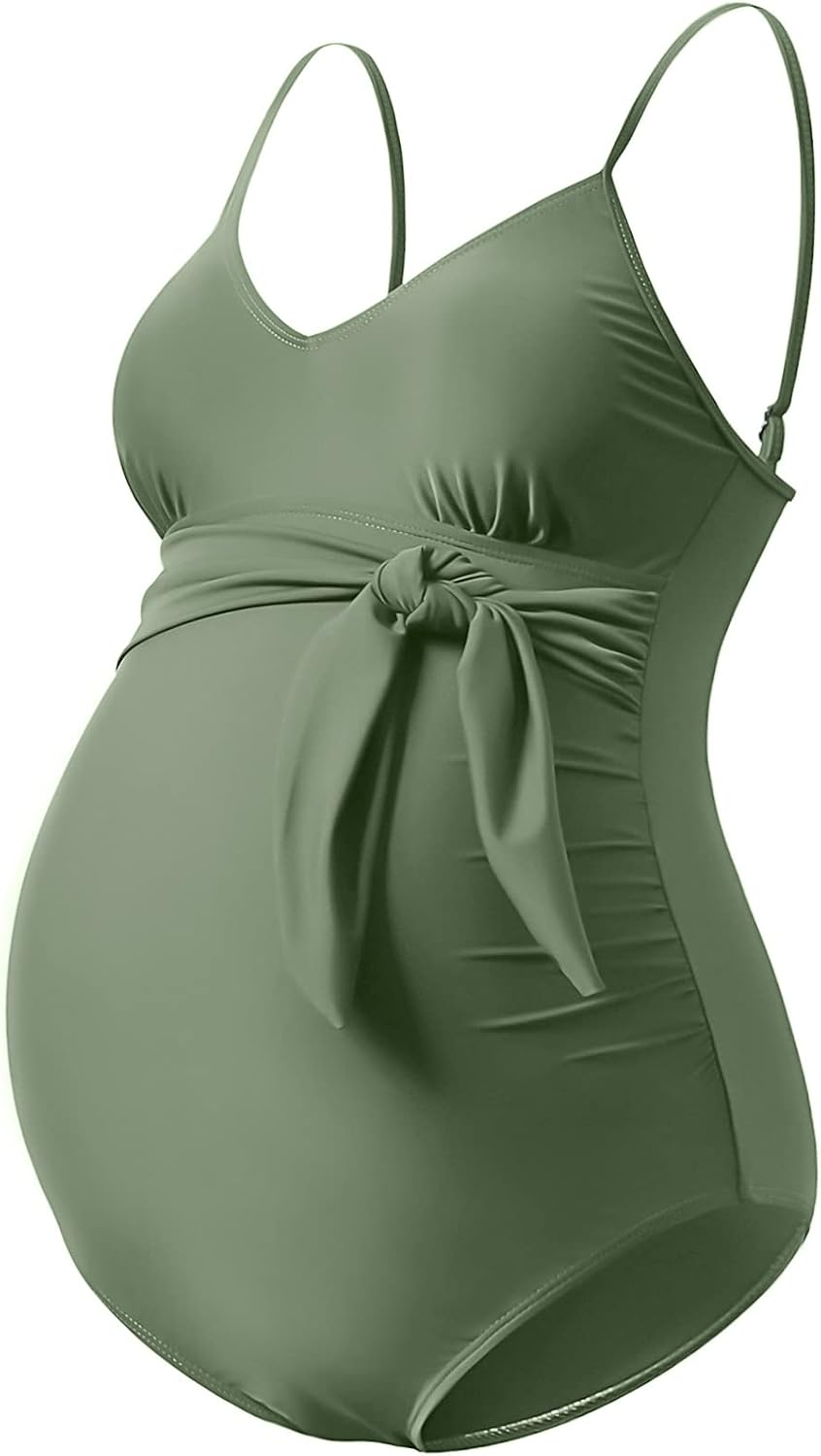 GINKANA Maternity Swimsuit V-Neck One Piece Maternity Monokini Tie Front Bathing Suit Pregnany Swimwear