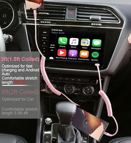 Image of USB C to USB C Cable [3FT+6FT], 2Pack Coiled USBC Cable for Car USB Type C Fast Charging Cable, CarPlay iPhone USB-C Cable /Android Auto USB C Cord for iPhone 17 /16 / 15 /Pro Max /Samsung Galaxy S23-Pink