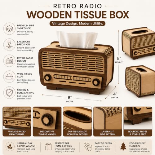 Image of Retro Radio Wooden Tissue Box Holder Decorative MDF Tissue Dispenser for Home & Office