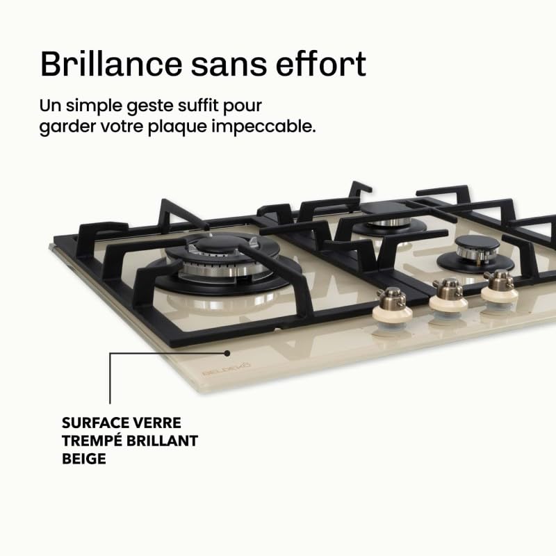BELDEKO Plaque Gaz 3 Feux 6200W Beige Grilles Fonte - Marque Française