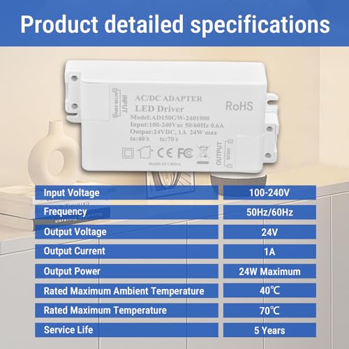 Image of 24V LED Driver 24W, Power Low Voltage Transformer 120V AC to 24V DC Converter for LED Strip Lights, Cabinet Strip Lights, LED Displays and Outdoor Lighting