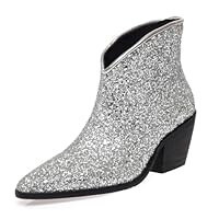 Lizoleor Block Heel Pointed Toe Women Cowboy Boots Pull On Fashion Glitter Party Work High Heel Elegant Ankle Boots Silver Size 5 UK/39