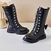White Mid Combat Boots for Girls:Fashion Lace up Side Zipper Riding Booties Knee High Leather Winter Warm Party Dress Shoes（Size2.5,Black