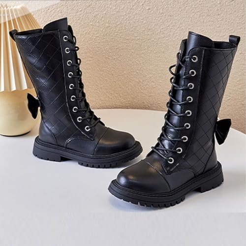 Lace-Up Combat Boots for Girls High Tall Side Zip-Up Knee Length Riding Boots Fashion Plain Lug Sole Low Heels Shoes3
