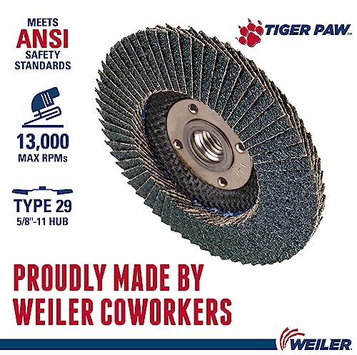 Image of Weiler 51123 4-1 /2 inch Tiger Paw Abrasive Flap Disc, Conical (Ty29), Phenolic Backing, 36Z, 5 /8 inch-11 Unc Nut (Pack of 10)