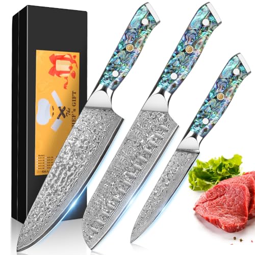Home Safety 3STK Damast Messerset mit 12.4-20cm Klinge aus 67 Lagen VG-10 Damaststahl Küchenmesser Set Damast Sushimesser, Abalone-Muschel Griff,...