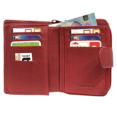 LOLUNA® Porte-Monnaie Cuir Fermeture hermétique - Portefeuille - Compagnon - spacieux et Fonctionnel pour Ranger 9 Cartes - Billet - Monnaie - identité - permis - Idée Cadeau pour Femme - Rouge