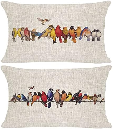 Hysunland Spring Summer Outdoor Lumbar Bird Pillow Case Covers 12x20 Set of 2 Burlap Decorative Cushion Covers with Zipper