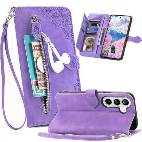 Fofvccv Custodia Portafoglio per Samsung Galaxy S26 con Motivo Fiori, Cover a Libro in Pelle PU conTasca Zip Porta Carte Cinturino da Polso Supporto Antiurto per Samsung S26 SZY Purple