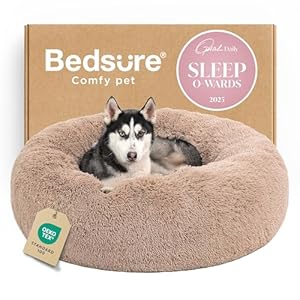 Bedsure Calming Dog Beds Large Sized Dog – Donut Washable Large Pet Bed, 36 inches Anti-Slip Round Fluffy Plush Faux Fur Dogs Bed, Fits up to 80 lbs Pets, Camel
