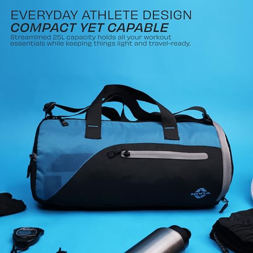 Image of Nivia Fuse Gym Duffle Bag for Men and Women, 25L Lightweight Training and Travel Bag with Shoe Compartment, Quick Access Pockets, and Adjustable Strap, Designed for Athletes, Travel (Black /Blue)