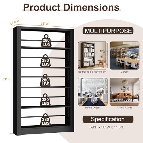 Image of Heavy Duty Metal Bookshelf, 5-Tier Industrial Bookcase with Adjustable Shelves, Large Storage Bookshelf for Living Room, Office, Library, 69 inch H x 36 inch W, Black