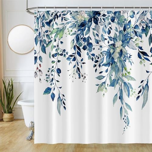 Uiiooazy Rideau Douche Anti Moisissure, Rideau de Douche 180x220cm Bleu Feuilles d'eucalyptus Vert Aquarelle Rideaux de Baignoire Tissu Lavable Imperméable...