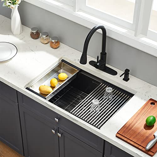 Ecochannels Undermount Kitchen Sink, 24 X 19 Inch Sink Kitchen 16 Gauge Stainless Steel Kitchen Sinks Gunmetal Black Single Bowl Workstation Sink With Cutting Board #TOP2