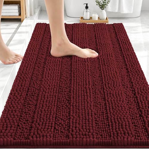 Image of OLANLY Thick Bathroom Rugs 30x20, Extra Absorbent Chenille Striped Bath Rugs, Rubber Backing, Machine Wash Dry, Bath Mats for Bathroom Floor, Tub and Shower, Home Decor Accessories, Andorra Red-Brown