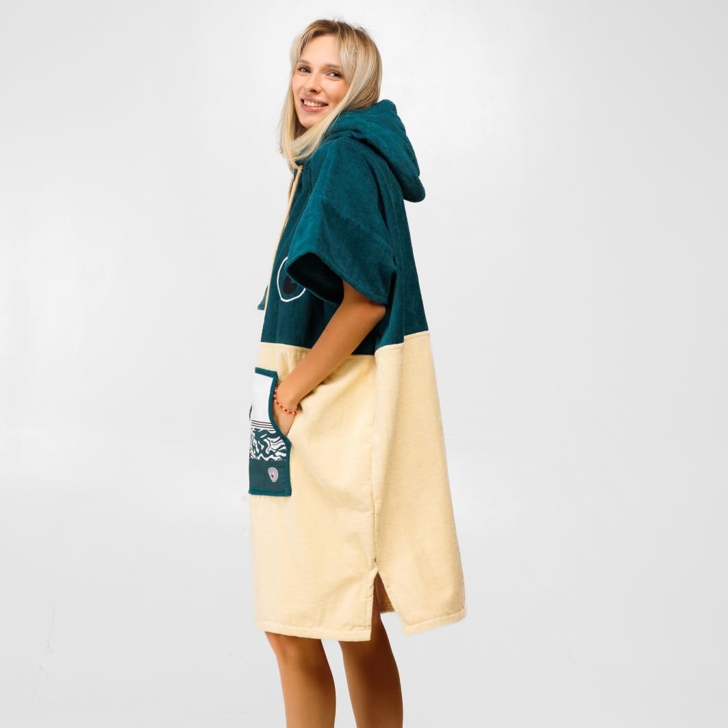 WAVE HAWAII Poncho Petrol Badeponcho 100% Baumwolle für Körpergrößen von 170-200 cm Umkleidehilfe für Schwimmen Strand Surfen Badetuch mit Kapuze Duschponcho für Damen Herren Erwachsene