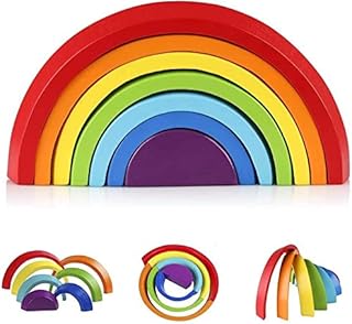 KanCai Wooden Rainbow Stacker, Montessori Wooden Rainbow Stacking Toys for 3 Year Old Boy Girl, Nesting Blocks Puzzle for Toddlers Baby