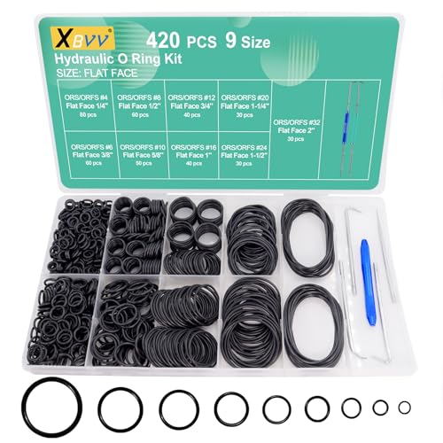 Image of XBVV 420 Pcs Hydraulic O-Ring Kit for ORS /ORFS Flat Face Fittings 9 Size Buna-N 70A O-Ring Seal Kit with Pick for Hydraulic Fittings,SAE J1453 Fittings,Hydraulic Pumping,Size 1 /4″-2″