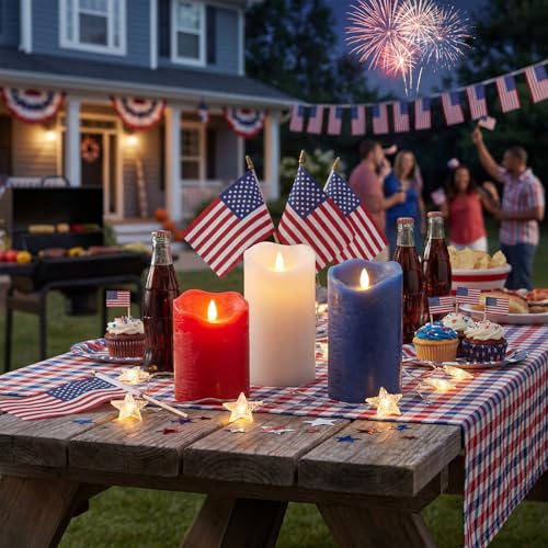 Copkim 3 Pcs Red White and Blue 4th of July Flameless Candles, Patriotic Red White Blue LED Pillar Candles with Real Wax Exterior, Battery Operated Candle for Independence Day Gift Indoor Decoration by Copkim - Used condition - Image 4
