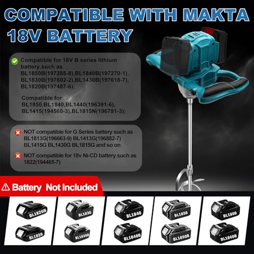 Akku Rührwerk für Farbe und Beton kompatibel mit Makita 18V Akku (ohne Batterie), Bürstenloser Mörtelrührer mit 6 Geschwindigkeiten und 2 Rührquirlen, zum Mischen von Futtermörtel, Farbe, Kleber