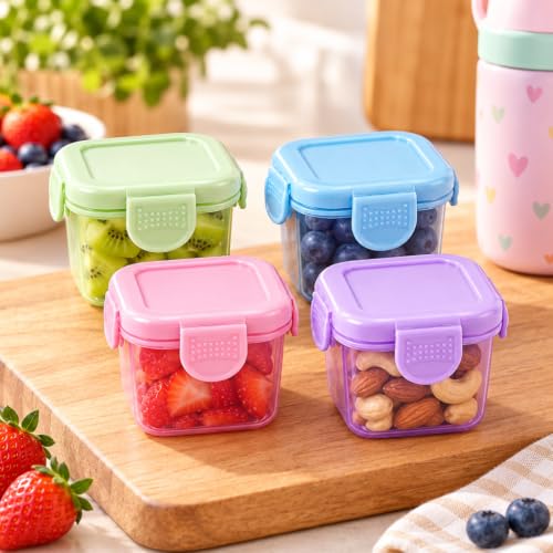 Kit 4 Mini Potes Herméticos 55 ml de 6,5 x 5,5 x 4 cm, Potinhos com Trava Antivazamento, BPA Free para Papinha, Molho de Marmita, Temperos e Lancheira, Micro-ondas Freezer e Lava-Louças