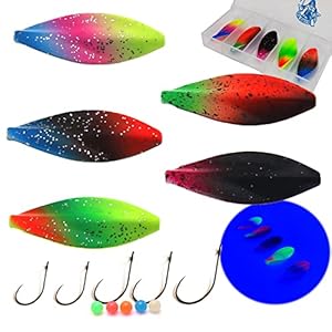Njord Kalastus Inline Spoon forel 5 stuks in doos 4,5 g complete set met 5x haken en 5x kralen | UV actief | doorloopknipperlicht forelaas inline spoon inline doorloop lepels forel hengelset