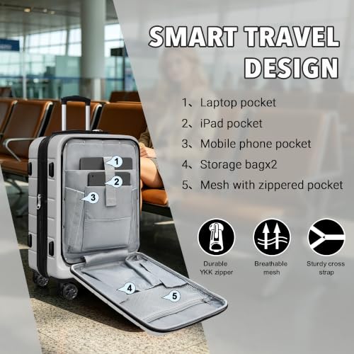 Image of KEYTANG SmileLine 3-Piece Luggage Set Lightweight Hardside Suitcase TSA Lock Spinner Wheels, 20 inch Expandable Carry-On Luggage with Quick Access Front Open Pocket, Bonus Makeup Bag,Silver