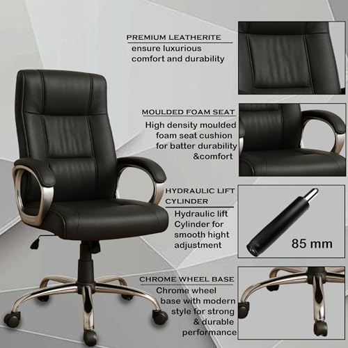 Image of Vista Ergonomic Leatherette Boss Chair for Office | High Back Revolving Chair for Home, Office, Study & Gaming | Height Adjustable Office Chair in Crome Base | 1pc (Black)