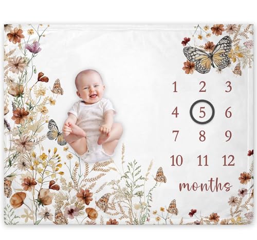 Image of Yuzioey Wilfflower Girl Milestone Blanket, Floral Baby Growth Chart Monthly Blanket, Watch Me Grow Girl Wildflower Baby Nursery for New Moms Baby Shower(50"x40")