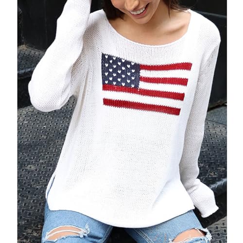 Image of Women American Flag Sweater Loose Vintage USA Sweatshirt Long Sleeve Crewneck Hollow Out 4th of July Jumper