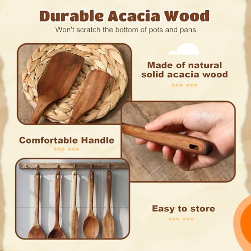 Image of Hushee 5 Pieces Acacia Spatula Set Natural Acacia Wooden Kitchen Utensils Wooden Spoons Tools for Stirring, Mixing, Cooking, Serving, Spurtles for Nonstick Cookware