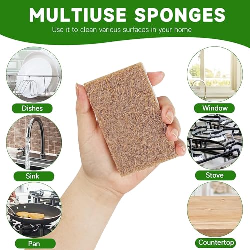 Image of Graham & Ash Co Natural Kitchen Sponge - Biodegradable Compostable Cellulose and Coconut Scrubber - Pack of 10 Eco Friendly Sponges
