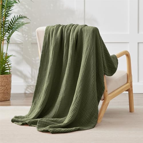 100% Cotton Muslin Blanket Twin 66" x 90", Breathable and Lightweight Twin Blankets for Couch, Soft Cooling Summer Gauze Blanket for Adults All Season, Olive Green