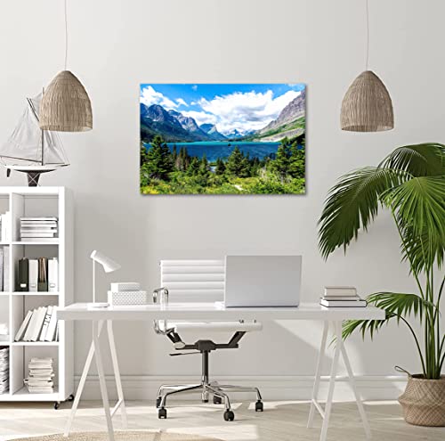 Glacier National Park Wall Art Lake Mountains Pictures Framed Canvas Prints Artwork For Living Room Bedroom Office Ready To Hang (12X16 Inch) #TOP1