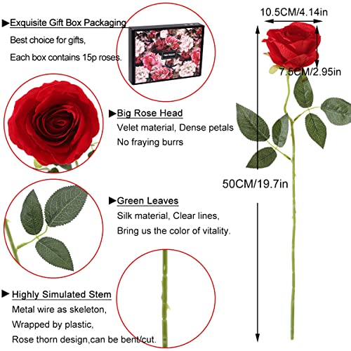 Cloudecor 15Pcs Artificial Roses Velet Real Touch Single Stem Fake Roses Silk Realistic Bouquet Flowers Arrangements Home Office Garden Grave Party Wedding Decoration (Red-15P, Blossom Roses) #TOP5
