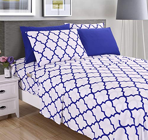Elegant Comfort Luxury Soft Bed Sheets Quatrefoil Pattern - 1500 Premium Hotel Quality Microfiber Softness Wrinkle and Fade Resistant (6-Piece) Bedding Set, Queen, Duke Blue