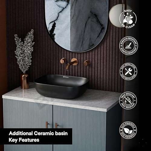 Image of Designer Ceramic Wash Basin For Bathroom | Over Counter Bathroom Basin | Counter Top Bathroom Sink | Wash Basin For Restaurant, Hotel (18 x13 x 5 Inch) (13x18 Matte Black)