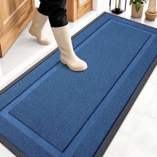 Image of OLANLY Front Door Mat Indoor Outdoor Entrance, Waterproof All-Season, All-Weather Doormat, Sturdy Natural Rubber, Low Profile, Easy Clean Patio Porch Entryway Mat, 59x23, Navy Blue