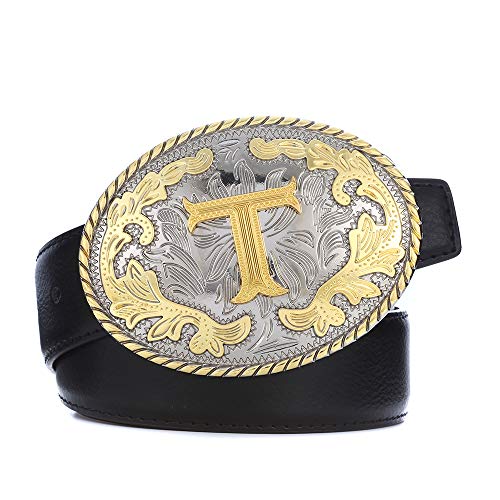 HUABOLA CALYN Western Belt Buckle Initial Letters ABCDEFG to Y-Cowboy Rodeo Gold Large Belt Buckle for Men and Women (T)