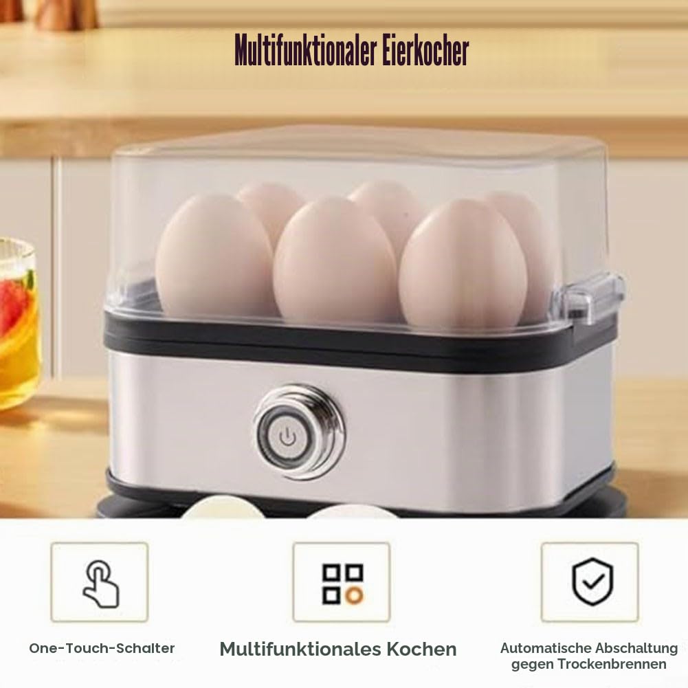 6-in-1 Eierkocher aus Edelstahl, Eierkocher mit automatischer Abschaltung, 6 Eierkapazität, spülmaschinenfest, herausnehmbare Tabletts (europäische Vorschriften)