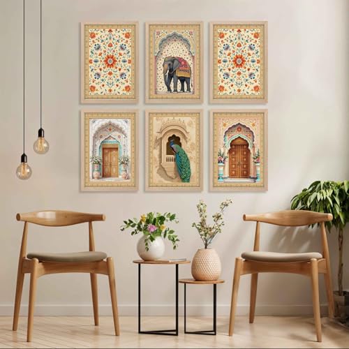 Image of NoWorries Wall Art Hangings /Paintings for Wall decoration - Decorative Wall frames for Living room /Bedroom Office - Traditional Indian Wall Posters with Frame ''300 GSM Premium Poster Paper Print'' (Pattern-Traditional Art) Synthetic Wooden Frames Set of 6 (10x13inches inchMulticolor inch) (ART-11)