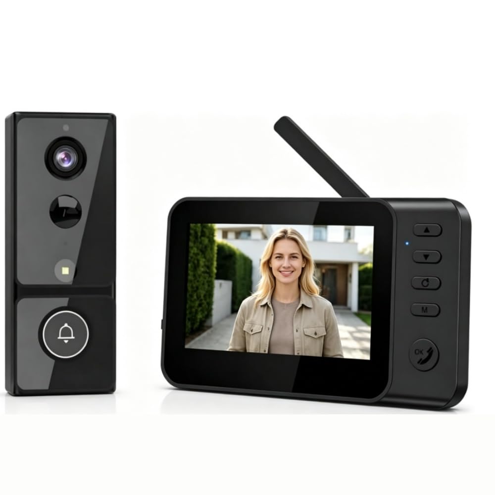 TKMARS Sonnette Vidéo sans Fil 4.3’’ HD 1080P, Visiophone IP65 Étanche, Grand Angle 170°, Vision Nocturne IR, Interphone Audio Bidirectionnel, sans WiFi ni App, Détection Mouvement | Écran IPS 4.3", Audio Bidirectionnel, Grand Angle 170°, Vision Nocturne