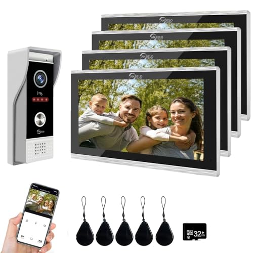 Sistema de intercomunicación con vídeo inteligente por cable para apartamentos,cámara de timbre 1080P con monitores de 10 pulgadas,desbloqueo 3 en 1,kits de interfono WiFi TUYA (1 Timbres + 4 Monitor)