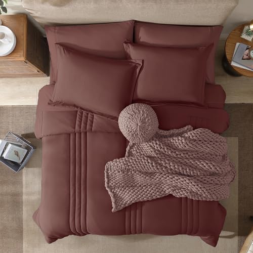 Image of Monbix King Size Comforter Set - 7 Pieces Bed in a Bag King, Dark Red Bedding Sets with Comforter, All Seasons Comforter Bed Set with Sheets, Pillowcases & Shams