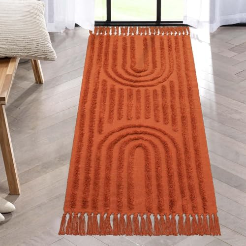 LEEVAN Washable Kitchen Rug 2'x4.3', Boho Hand-Woven Entryway Rug, Terracotta
