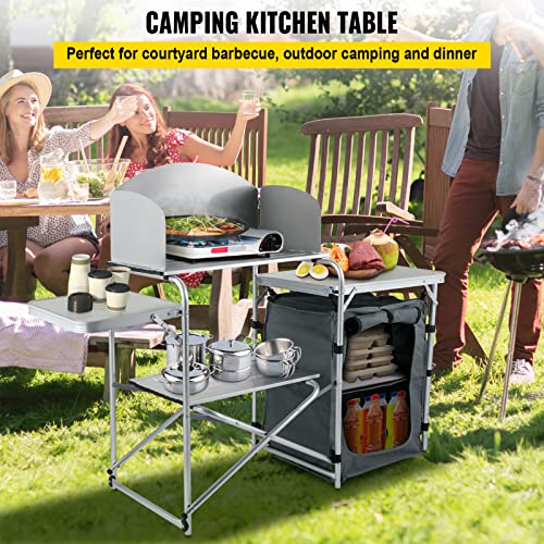Vevor Camping Kitchen Table, Aluminum Portable Folding Camp Cook Station With Windscreen, Cupboard, Storage Organizer, Carrying Bag, Quick Installation For Outdoor Picnic Beach Bbq Rv Traveling, Grey #TOP1